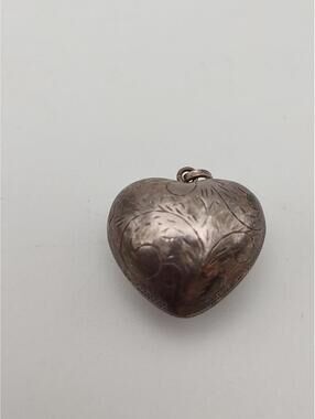 Vintage Etched Puffy Heart Charm Pendant Floral 1"